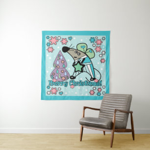 Merry Christmas New Year Symbol Mouse Cartoon cute Tapestry