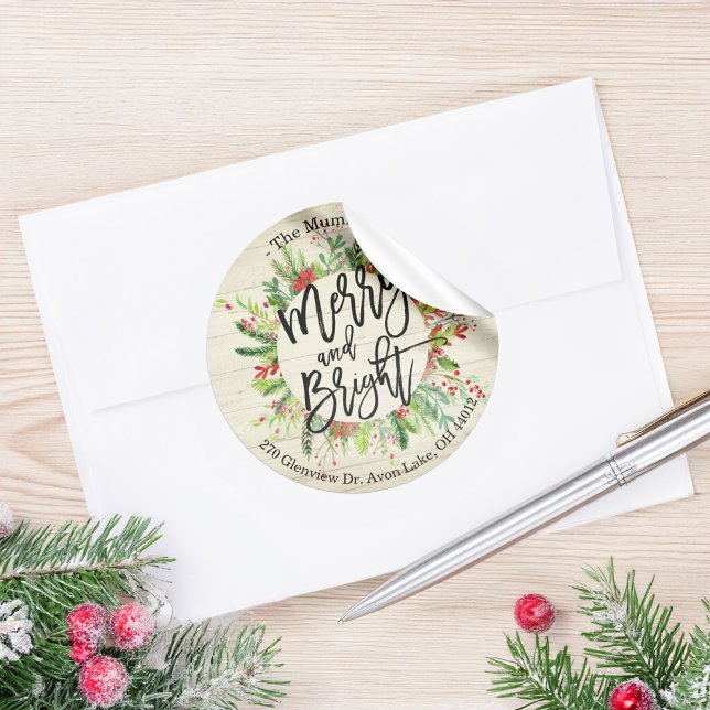 Merry Christmas New Year Wish Holly Wreath Address Classic Round Sticker (Creator Uploaded)