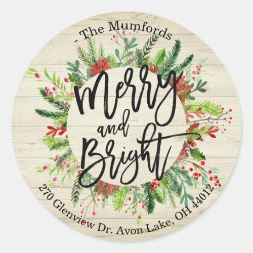 Merry Christmas New Year Wish Holly Wreath Address Classic Round Sticker