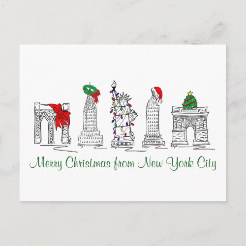 Merry Christmas New York City NYC Xmas Pen and Ink Holiday Postcard