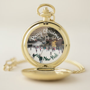Merry Christmas New York Ice Rink Rockefeller Ctr Pocket Watch