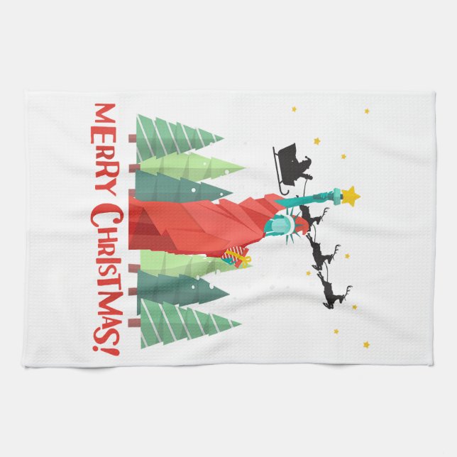 Merry Christmas New York Santa Claus Statue Of Lib Kitchen Towel (Horizontal)