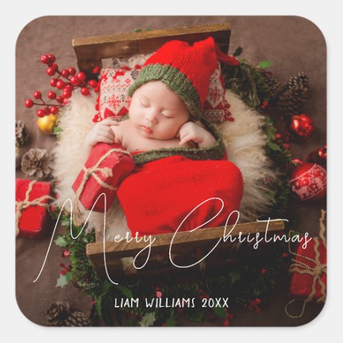 Merry Christmas newborn baby decorative white text Square Sticker