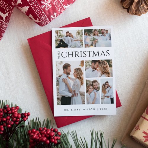 Merry Christmas Newlywed  Six Photo Black  White Holiday Card