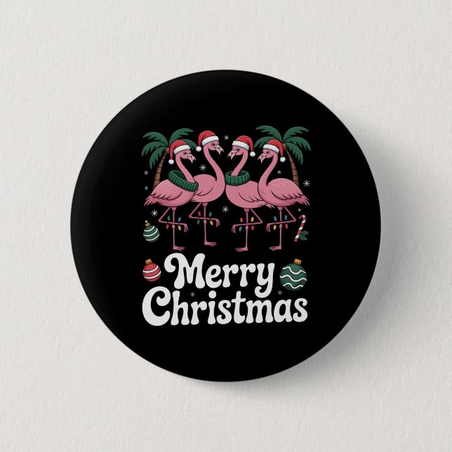 Merry Christmas Nk Flamingo Santa Hat Xmas Light T Button (Front)