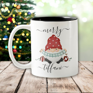 Merry Christmas Nordic Gnome Customizable Two-Tone Coffee Mug