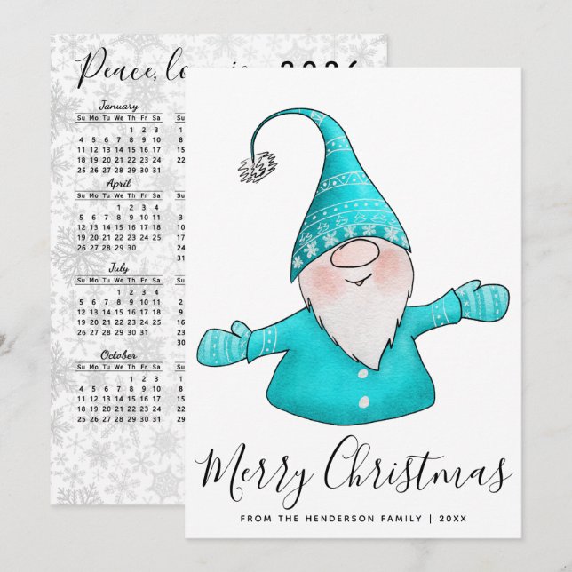 Merry Christmas Nordic Gnome Teal 2026 Calendar Holiday Card (Front/Back)