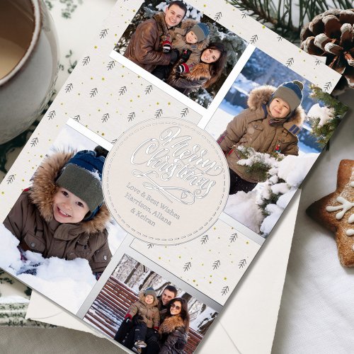Merry Christmas Nordic Pine 4 Photo Collage Silver Foil Holiday Card