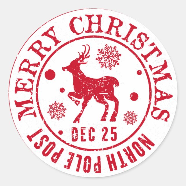 Merry Christmas North Pole Post Stamp Classic Round Sticker (Front)
