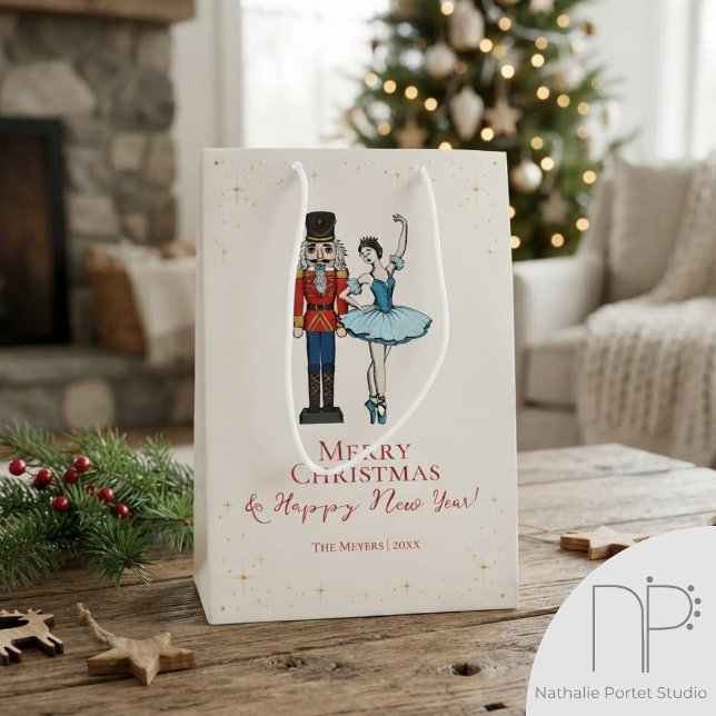 Merry Christmas Nutcracker Ballet Medium Gift Bag (This Merry Christmas Nutcracker Ballet Medium Gift Bag features my hand-drawn ink art on both sides)