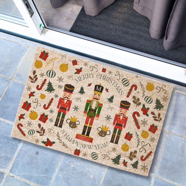 Merry Christmas nutcracker custom monogram Fiber Doormat (Creator Uploaded)