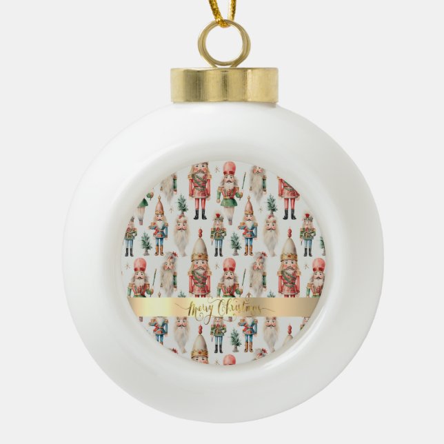 Merry Christmas Nutcracker Holiday Ceramic Ball Christmas Ornament (Front)