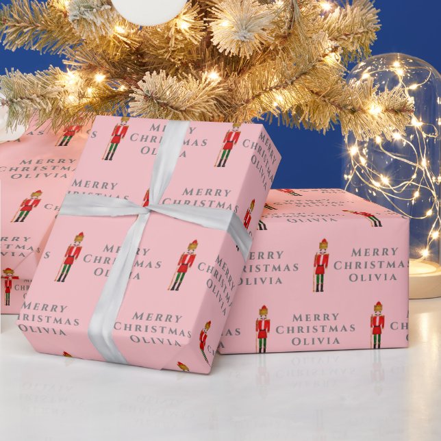 Merry Christmas Nutcracker Name Pink Grey Modern Wrapping Paper (Holidays)