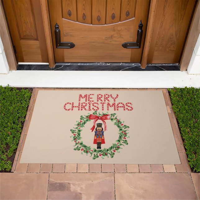 Merry Christmas Nutcracker Wreath Beige Door Mat (Outdoor)