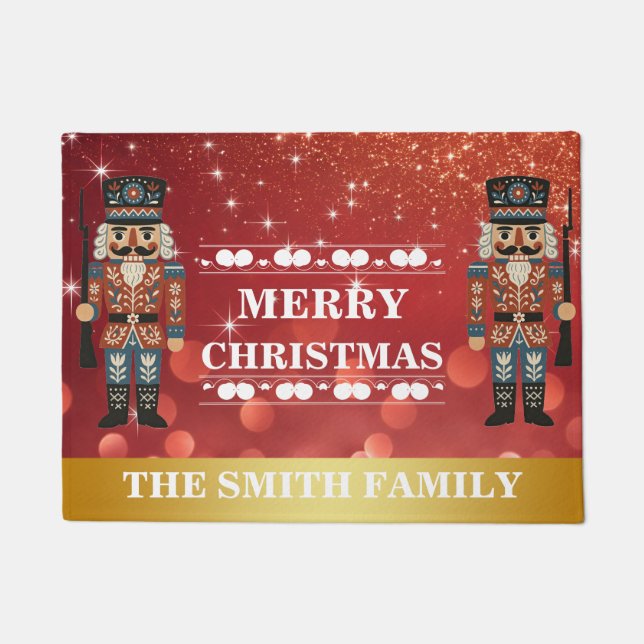 Merry Christmas Nutcrackers Red Gold Welcome Doormat (Front)