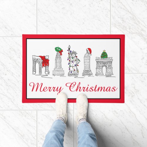 Merry Christmas NYC Buildings Landmarks Holiday Doormat