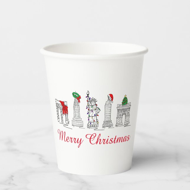Merry Christmas NYC Buildings Landmarks Holiday Paper Cups (Front)