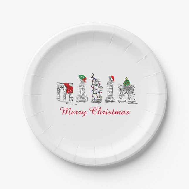 Merry Christmas NYC Buildings Landmarks Holiday Paper Plates (Front)