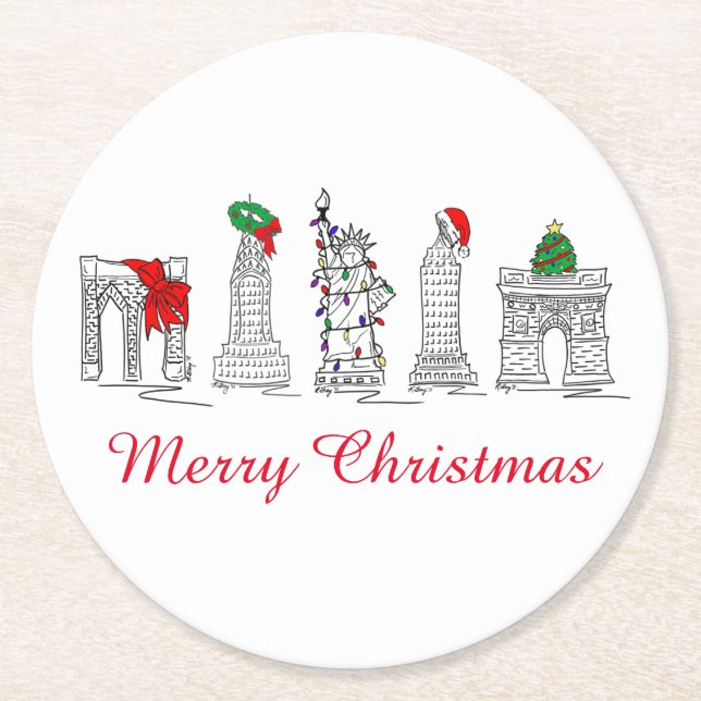 Merry Christmas NYC Buildings Landmarks Holiday Round Paper Coaster (Front)
