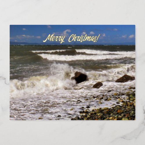 Merry Christmas Ocean Waves Beach Photo Foil Holiday Postcard
