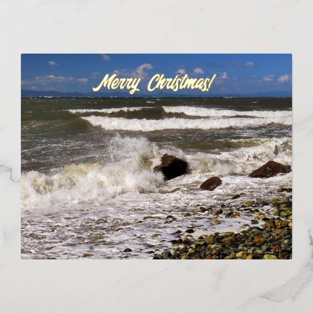 Merry Christmas Ocean Waves Beach Photo Foil Holiday Postcard (Front)
