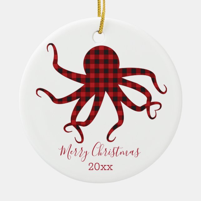 Merry Christmas Octopus Red Black Plaid Ceramic Ornament (Front)