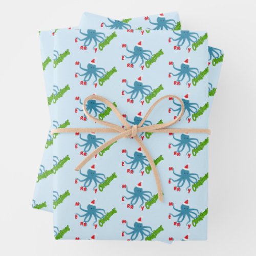 Merry Christmas Octopus Santa Hat Christmas Wrapping Paper Sheets