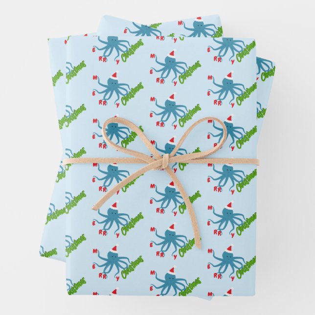 Merry Christmas Octopus Santa Hat Christmas Wrapping Paper Sheets (In situ)