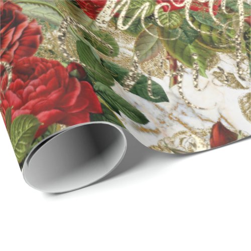 Merry Christmas Old Script Roses Red  Gold Marble Wrapping Paper