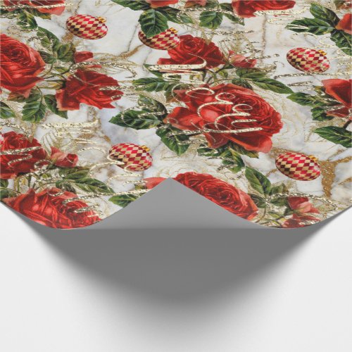 Merry Christmas Old Script Roses Red Green Marble Wrapping Paper