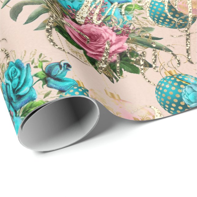 Merry Christmas Old Script Roses Rose Pink Green Wrapping Paper (Roll Corner)