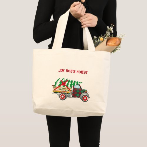 Merry Christmas Old Truck and Christmas Tree Large Tote Bag