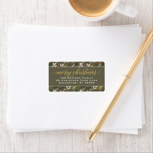 Merry Christmas Olive Gold Elegant Script Address Label