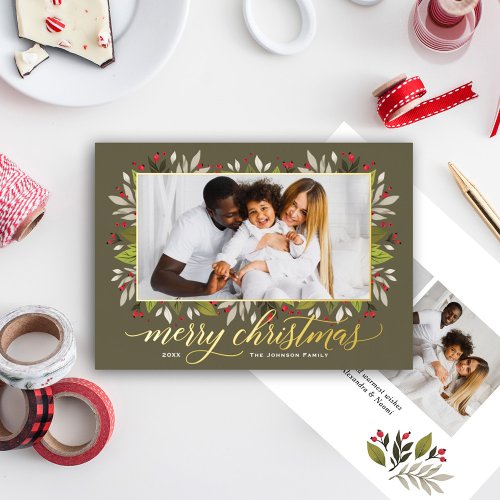 Merry Christmas Olive Green Gold Elegant Script Foil Holiday Card