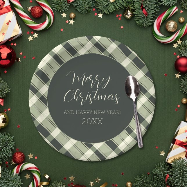Merry Christmas Olive Green Plaid Script Rustic Paper Plates (Merry Christmas Olive Green Plaid Script Rustic Paper Plates)