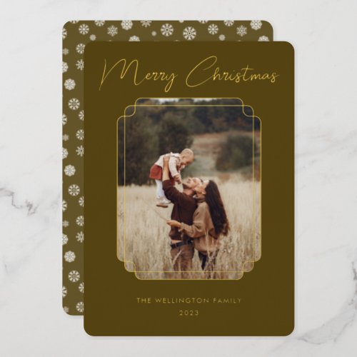Merry Christmas Olive Photo Gold Frame Snowflake Foil Holiday Card