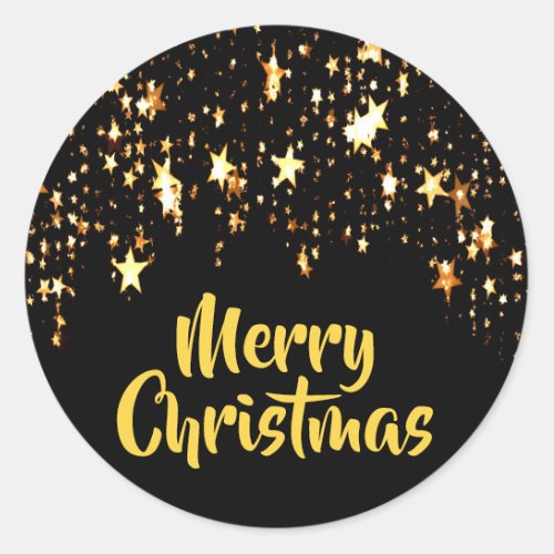 Merry Christmas on black with shining stars Classic Round Sticker