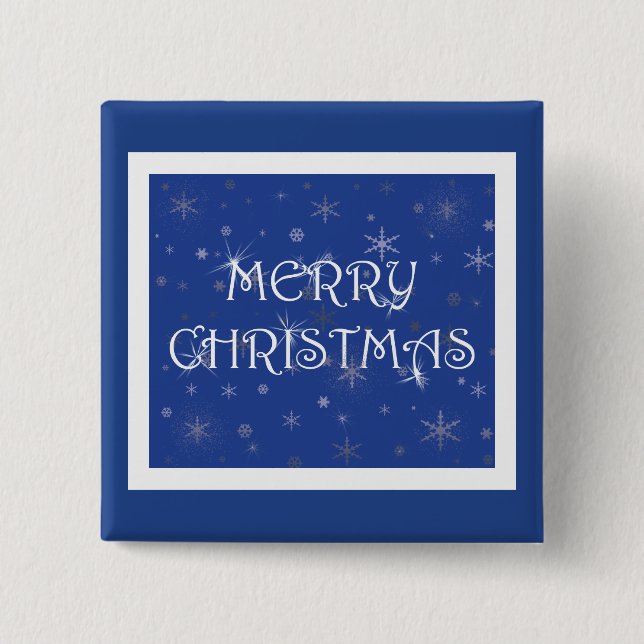 Merry Christmas on Blue with Snowflakes Button (Front)