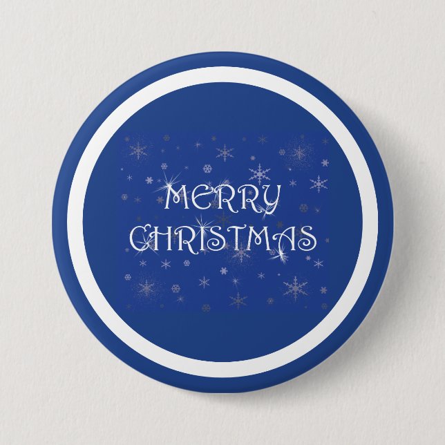 Merry Christmas on Blue with Snowflakes Button (Front)