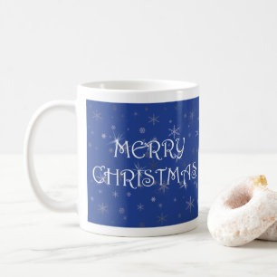 Merry Christmas on Blue with Snowflakes Coffee Mug