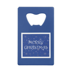Merry Christmas on Blue with Snowflakes Credit Card Bottle Opener