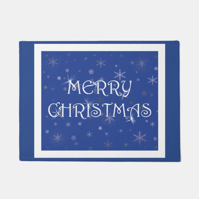 Merry Christmas on Blue with Snowflakes Doormat (Front)