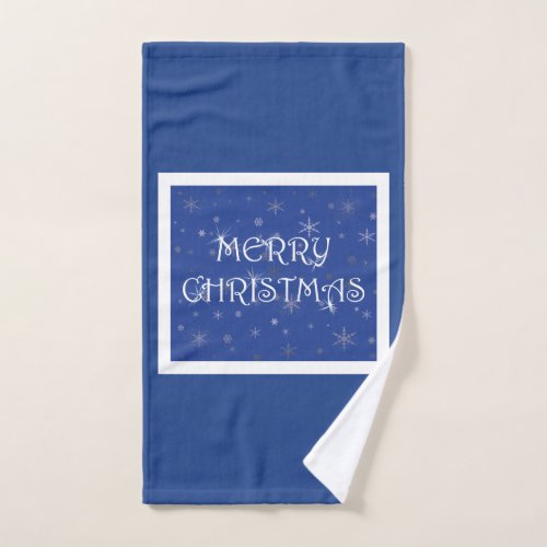 Merry Christmas on Blue with Snowflakes Hand Towel