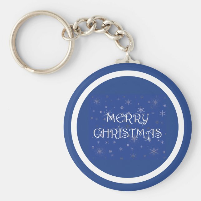 Merry Christmas on Blue with Snowflakes Keychain (Front)
