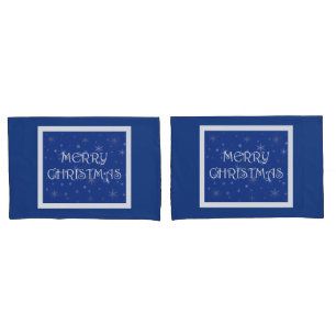 Merry Christmas on Blue with Snowflakes Pillow Case