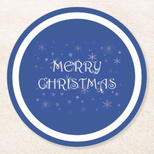 Merry Christmas on Blue with Snowflakes Round Paper Coaster
