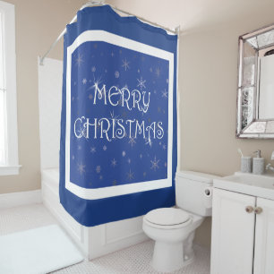 Merry Christmas on Blue with Snowflakes Shower Curtain