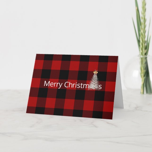 Merry Christmas on buffalo plaid with tree Card (Front)
