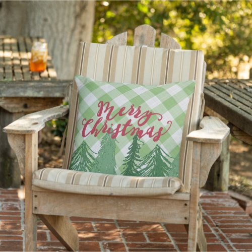 Merry Christmas On Country Cottage Gingham Pattern Outdoor Pillow