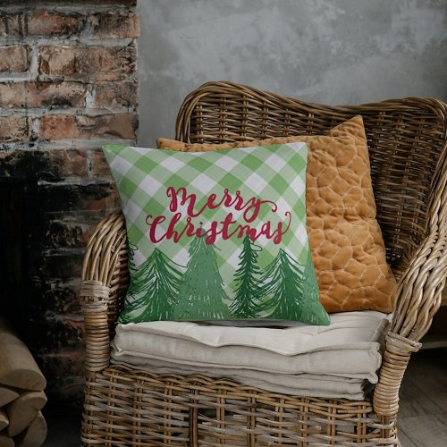 Merry Christmas On Country Cottage Gingham Pattern Throw Pillow